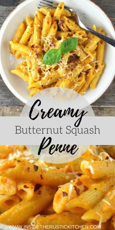 creamy butternut squash penne with parmesan cheese and basil on the side