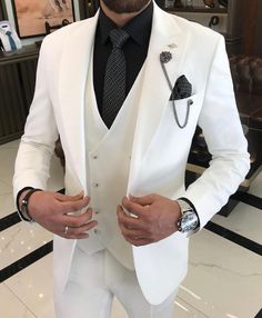 Bojoni Dayton Slim Fit White Suit | BOJONI Groomsmen Party, Ivory Suit, Mens 3 Piece Suits, Lapel Jacket, Prom Suits