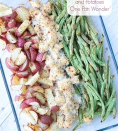 green beans, potatoes and chicken on a glass platter with the title overlay