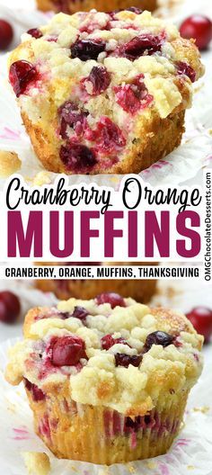 two cranberry orange muffins on top of each other with text overlay