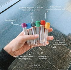 a hand holding six different colored pens in it's palm, labeled with labels