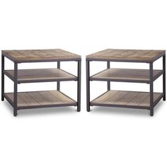 two tables with wooden shelves on each side and one shelf in the middle for storage