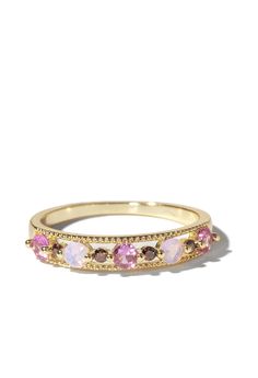 Showcase your chic, trend-setting status with Haute. This unique ring features lilac moonstones and brown and hot pink crystals for an eye-catching combination. Meanwhile, the gold band anchors its colorful appearance, pairing perfectly with everything in your collection. When this ring adorns your finger, you can trus Preppy Accessories Rings, 2025 Jewelry Trends, Pink Rings, Brown Crystals, Preppy Jewelry, Jewelry Accessories Ideas, Moonstone Crystal, Jewelry Lookbook, Gold Band Ring