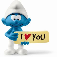 a blue smurf holding a sign that says i love you