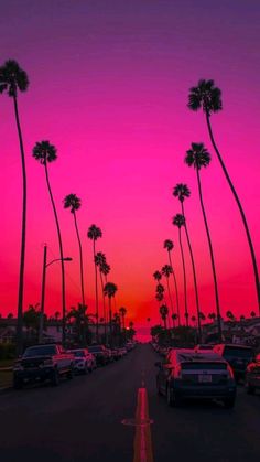 the sun is setting behind palm trees and cars are parked on the side of the road