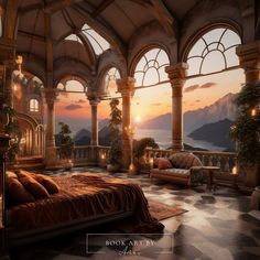 a large bedroom with an arched ceiling and floor to ceiling windows overlooking the ocean at sunset