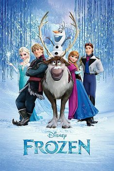 the poster for disney's frozen princess is shown in front of snow covered trees