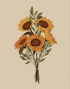 a bouquet of sunflowers with leaves on a beige background