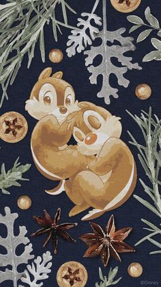 a painting of two squirrels hugging each other in front of snowflakes and pine cones