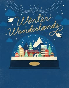 an illustration of winter wonderland with buildings and trees