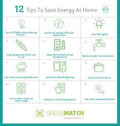 green match's 12 tips to save energy at home info sheet with instructions on how to use it