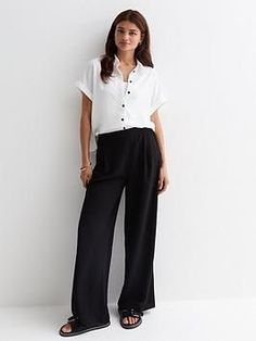 New look black wide leg trousers material content: main - polyester 70%; main - polyester recycled 30%; washing Black Linen Wide Leg Pants, Wide Leg Pants Outfit Work, Pants Outfit Work, Wide Leg Pants Outfit, Linen Wide Leg Pants, Leg Pants Outfit, Fancy Dress For Kids, Fancy Dress Accessories