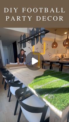 a woman sitting at a table with green grass on it and the words diy football party decor