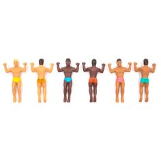 five toy men in swimsuits standing next to each other on a white background