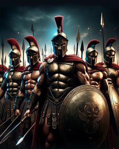 a group of roman soldiers standing next to each other in front of a dark sky