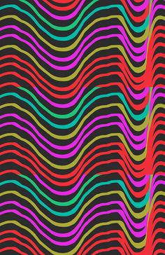 an abstract pattern with wavy lines in pink, blue and yellow colors on a black background