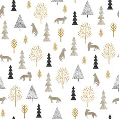 a white background with trees and animals on it