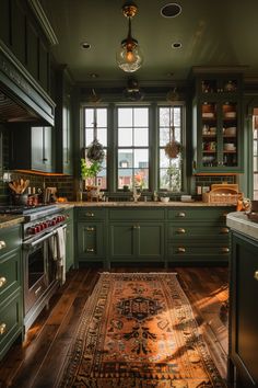 a kitchen with green cabinets and an area rug on the floor next to the stove