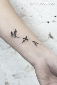 three birds flying in the sky tattoo on the left inner arm and wrist, by kottatoo studio