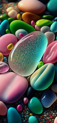 an image of colorful rocks and pebbles on the ground with water droplet in it