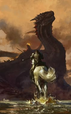 a man riding on the back of a white horse next to a giant black dragon