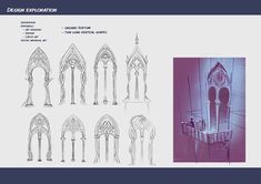 an image of architectural drawings and renderings for gothic architecture, including the interior design