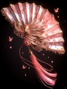 a fan that is on top of a pole with butterflies around it and pink feathers