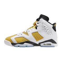 Grade School Jordan 6 Retro White/Yellow Ochre-Black Size: 6.5.  Gender: unisex.  Age Group: kids. Air Jordan 6 Retro, Sneakers Kids, Jordan 6 Retro, Pumped Up Kicks, Yellow Ochre, Jordans 12, Air Jordan 6, 5 Kids, Jordan 6