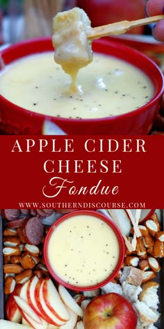 an apple cider cheese fondue with nuts and apples