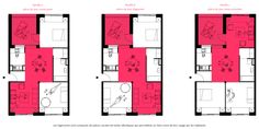 the floor plan for an apartment with three separate rooms and one living room in red