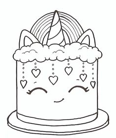 a cake with hearts and a unicorn's horn on top is outlined in black and white