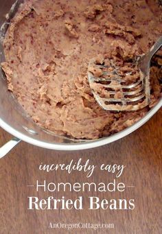 a bowl filled with homemade refried beans