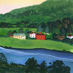 a painting of houses on the side of a hill next to a body of water