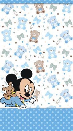 the mickey mouse wallpaper is blue and white with teddy bears on it's back