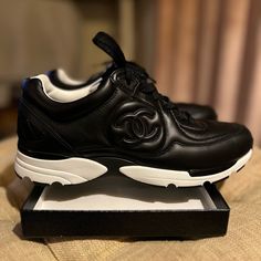 Black And White Women’s Sneakers (Worn Only Once) Fits Narrow Feet ( Not Comfortable For Wide Feet Girlies Unfortunately) Chanel Women, Shoes Chanel, Chanel Shoes, Leather Sneakers, Womens Shoes Sneakers, Shoes Sneakers, Chanel, Womens Sizes, Women Shoes