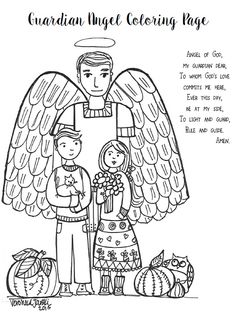 a coloring page with an angel holding a child