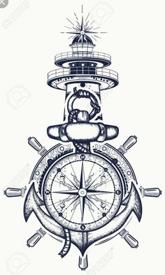 a drawing of an anchor, compass and lighthouse