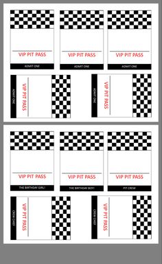 two rows of black and white checkered tickets with red text on them, each one has