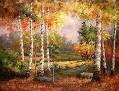 an oil painting of trees in the fall