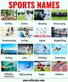 sports names in english and spanish with pictures of people on the field, swimming, skating, rollerblading