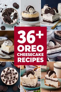 a collage of cheesecake desserts with oreo cookies on top and the title overlay reads, 365 + oreo cheesecake recipes