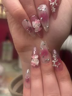 Blue Nails With Designs Yk2 Aesthetic Nails, Almond Hello Kitty Nails, Hello Kitty Nails Aesthetic, Ugly Acrylic Nails, Hello Kitty Nails Design, Coquette Pfp Anime, Twice Nails, French Manicure Long Nails, Y2k Pink Nails