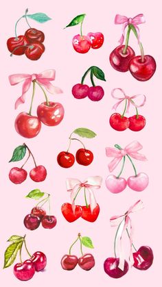 watercolor painting of cherries on pink background