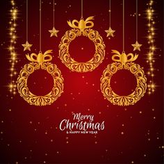 merry christmas and happy new year greeting card with golden ornaments hanging from strings on red background