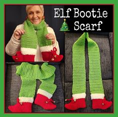 an image of a woman that is wearing christmas stockings and mittens with the words elf bootie scarf written on it