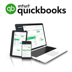 three laptops and two phones are shown with the words quickbooks in front of them