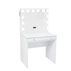 a white vanity table with a mirror and lights on it's sides, in front of a white background