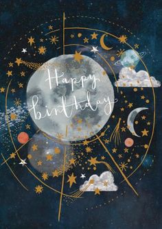 a birthday card with the words happy birthday written in white and gold stars on it