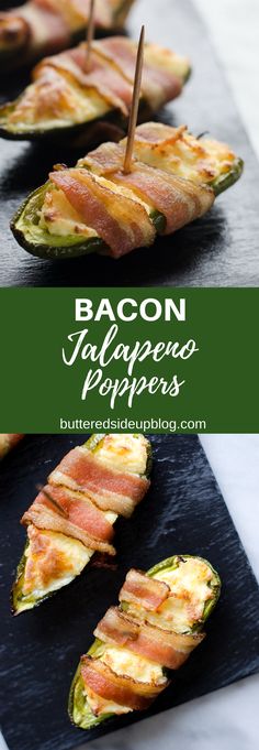 bacon jalapeno poppers are lined up on a black slate platter