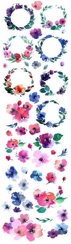 watercolor flowers on white paper with different colors